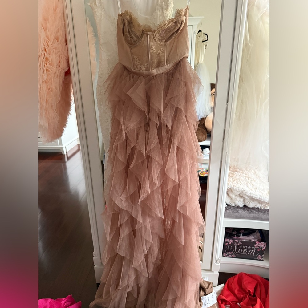For Love And Lemons Pink Ruffled Tiered Strapless Gown